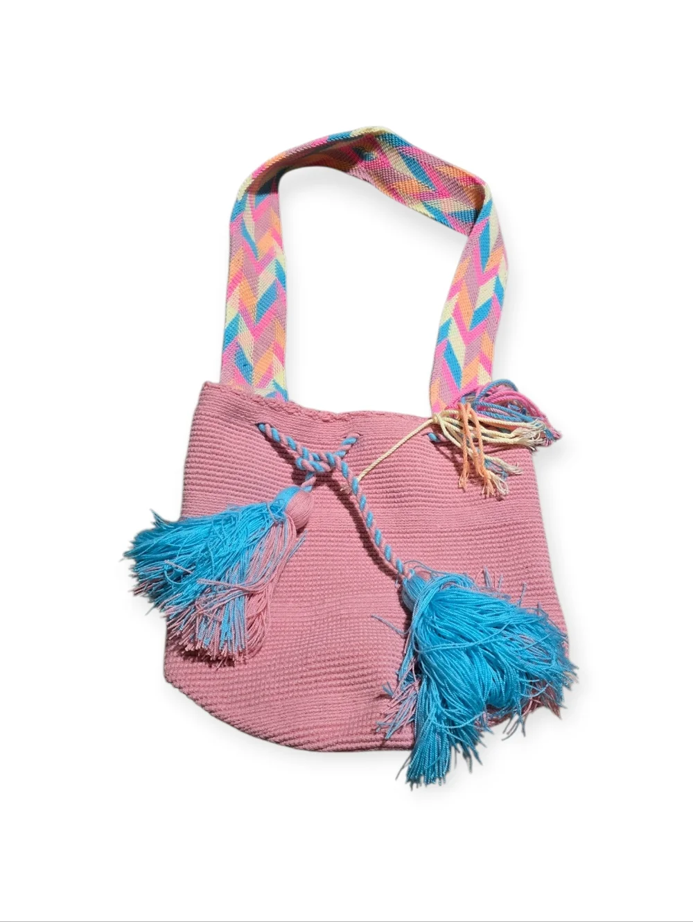 Wayuu Tribe Pink Woven Bucket Bag with Blue Tassels and Multicolor Strap
